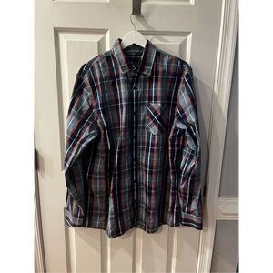 Livergy Blue & Orange Plaid Back Snap Down Button Shirt sz L EUC